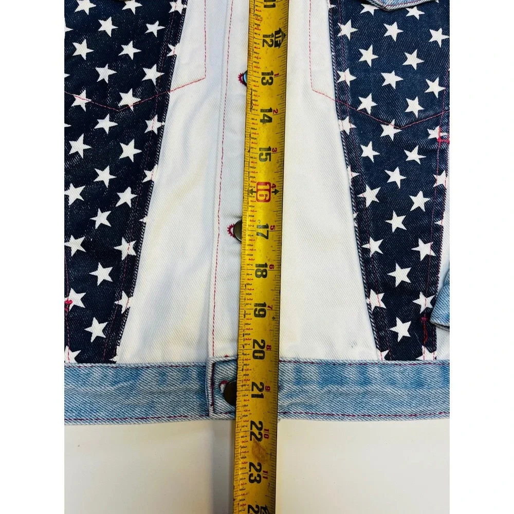 Fuse Paris M Denim Bomber Jacket USA Flag‎ Stars Stripes Trucker Moto VTG Unisex